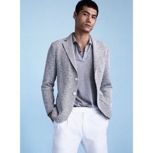 Massimo Dutti Men’s Herringbone Navy White Two Button Blazer Jacket M